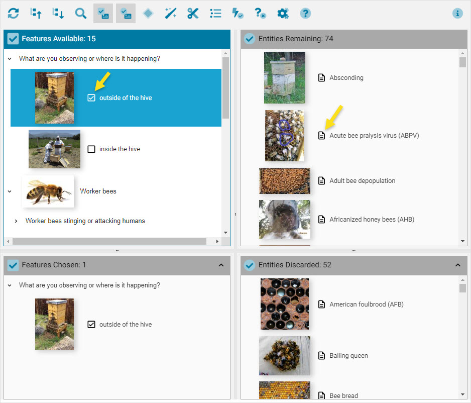 The Lucid interface after a Feature state has been selected. Note the state box (yellow arrow) where a check mark is placed to select the state. Also note the page icon (yellow arrow) you can click on to get to more information in a fact sheet or “about” page.